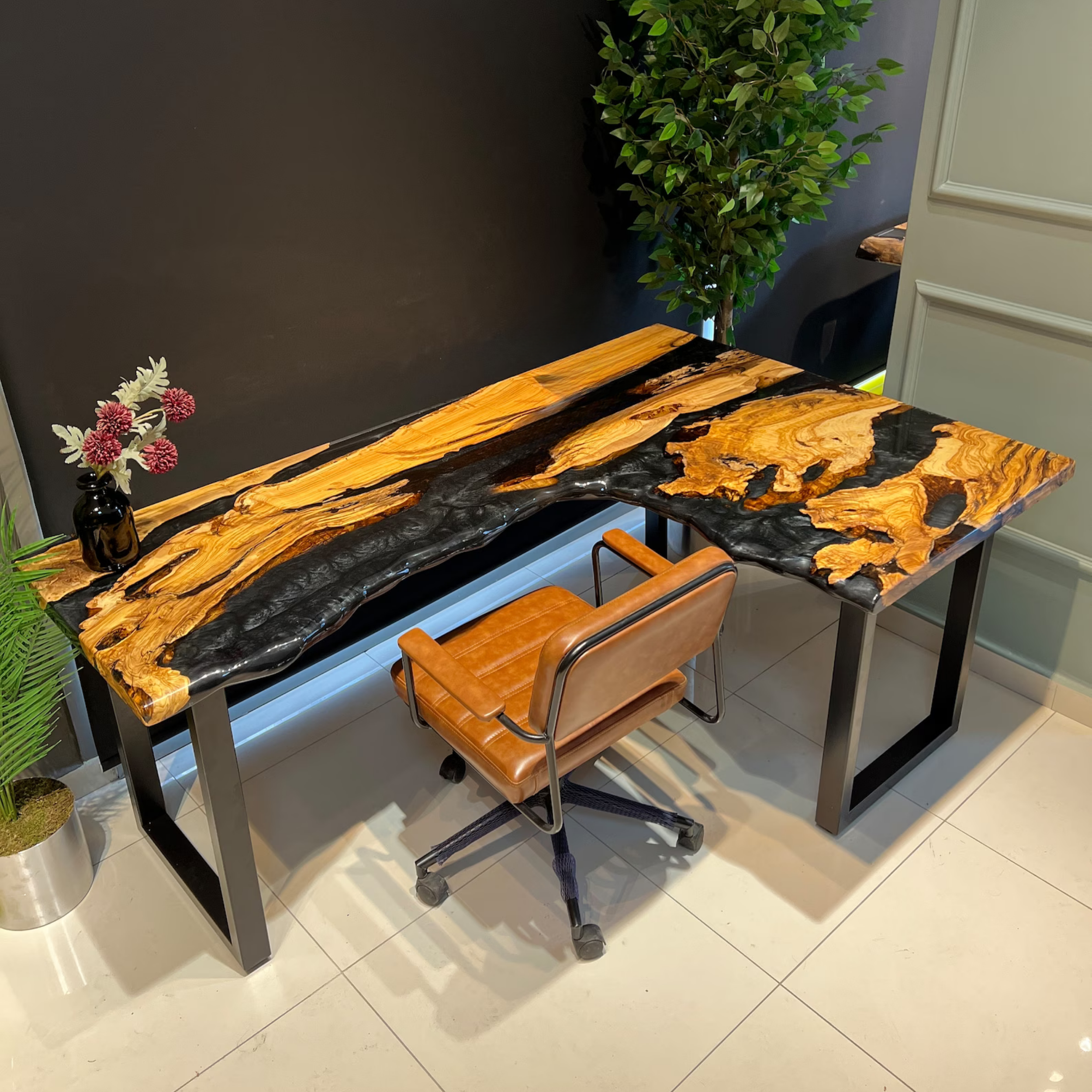 Olive Wood and Black Resin Epoxy Desk