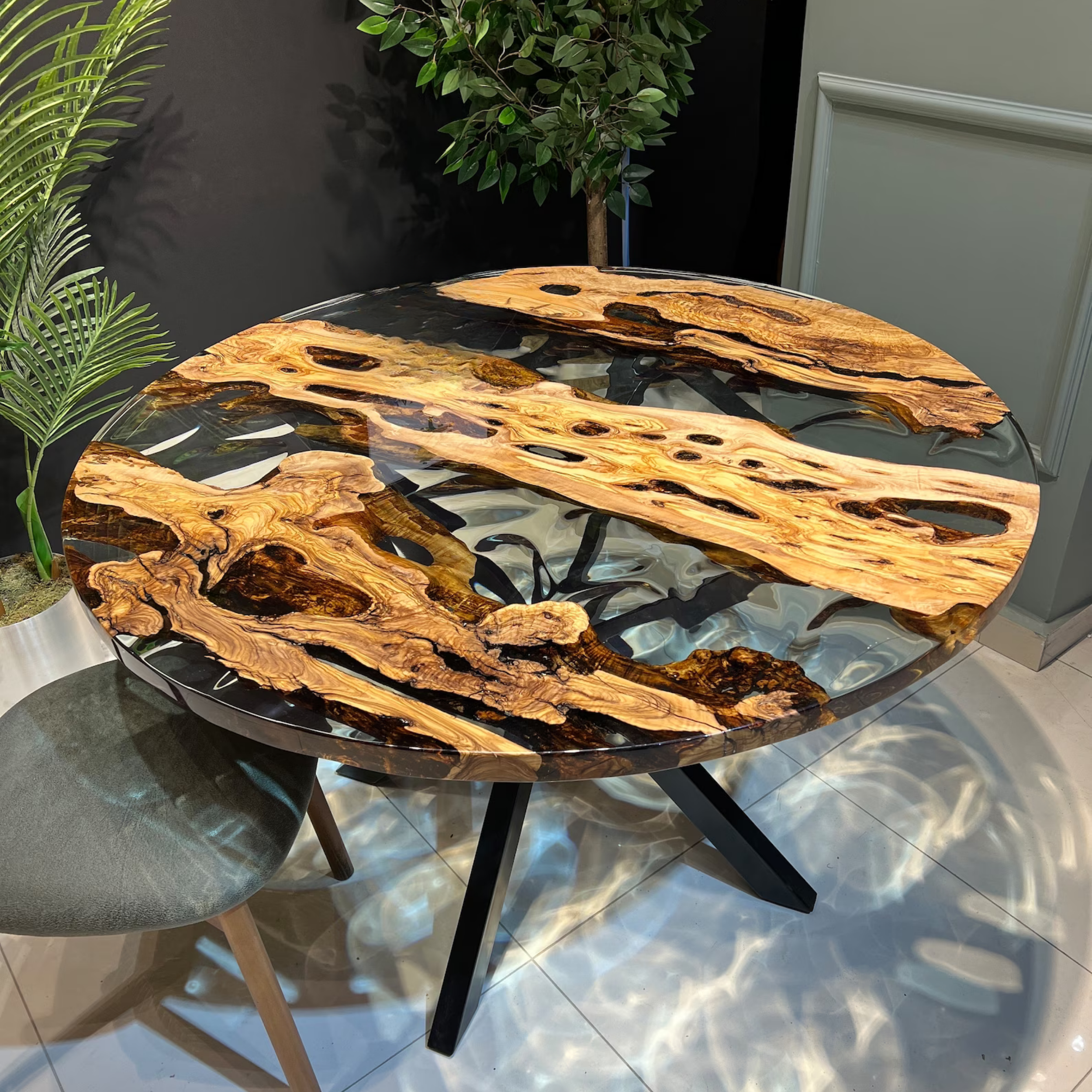 Olive Wood and Clear Epoxy Resin Round Coffee Table