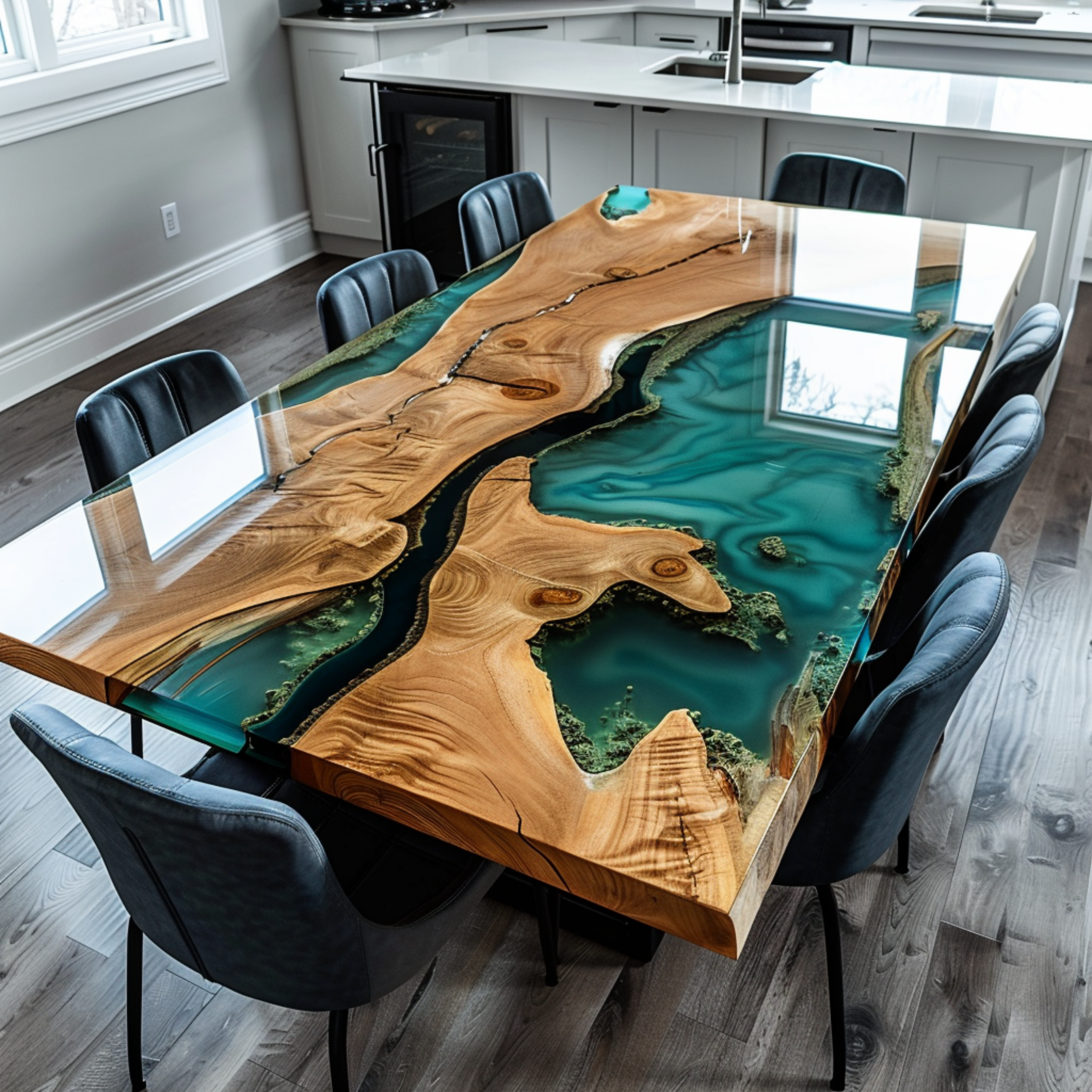 Elegant Green Epoxy Resin and Oak Luxury Dining Table